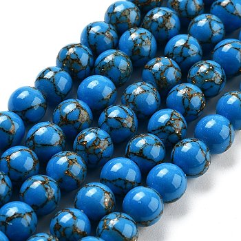 Synthetic Gold Line Turquoise Beads Strands, Dyed, Round, Dodger Blue, 6mm, about 66pcs/strand