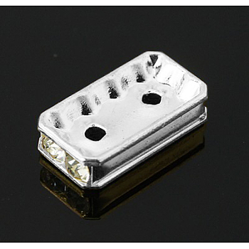 Brass Rhinestone Bridge Spacers, Grade A, Rectangle, Silver Color Plated, Crystal, 16x8x4mm, Hole: 2mm