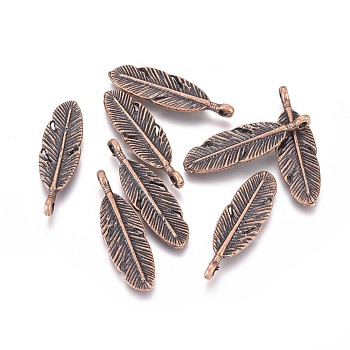 Tibetan Style Alloy Pendants, Feather, Red Copper, 29.5x9x2mm, Hole: 1.6mm