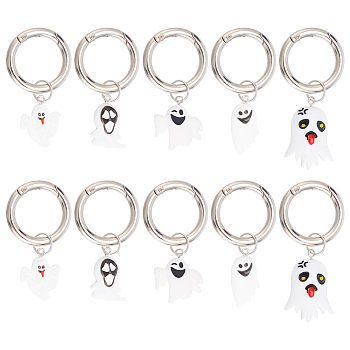 Halloween Theme Opaque Resin Shoe Charms, with Alloy Spring Gate Rings, Ghost, Platinum, 54~64mm, 5 style, 2pcs/style, 10pcs/set