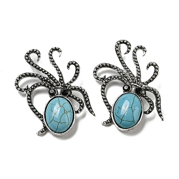 Synthetic Turquoise Octopus Brooch, Alloy Pave Jet Rhinestone Sea Animal Pins, Antique Silver, 52.5~53x36.5x8~9mm, Hole: 7x4mm