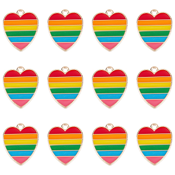 30Pcs Alloy Enamel Pendants, Light Gold, Heart with Rainbow Stripe, Colorful, 18x15x1.5mm, Hole: 1.6mm