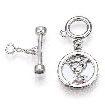 White Shell Toggle Clasps, with Brass Findings, Flat Round with Rose, Platinum, 41.5mm, T Clasps: 5.5x18x4mm, O Clasps: 12x12x1mm