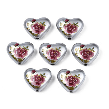 Spray Painted Opaque Acrylic Beads, Heart with Flower, Silver, 16x19x8mm, Hole: 2mm