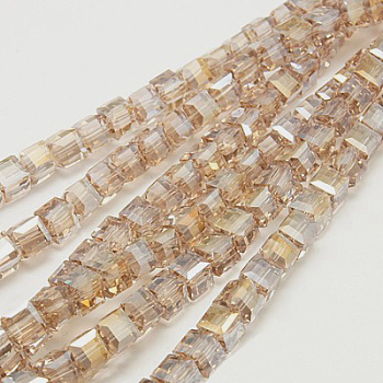 Electroplate Glass Beads Strands, AB Color Plated, Faceted, Cube, Wheat, 7~8x7~8x7~8mm, Hole: 1.5mm, about 97~100pcs/strand, 70~71cm
