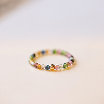 Natural Rainbow Tourmaline Round Beaded Finger Rings, Golden, US Size 8(18.1mm)