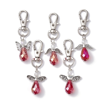 Angel Glass and Alloy Wings Pendant Decorations, with Alloy Swivel Lobster Claw Clasps, Antique Silver & Platinum, 60mm, 5pcs/set