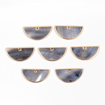 Natural Freshwater Shell Pendants, with Golden Plated Brass Edge, Fan, Dyed, Gray, 14.5x30x2.5mm, Hole: 1.2mm