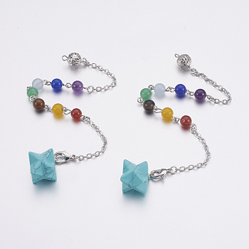 Synthetic Turquoise Dowsing Pendulums, with Mixed Stone and Brass Findings, Chakra, Merkaba Star, Platinum, 205~230mm