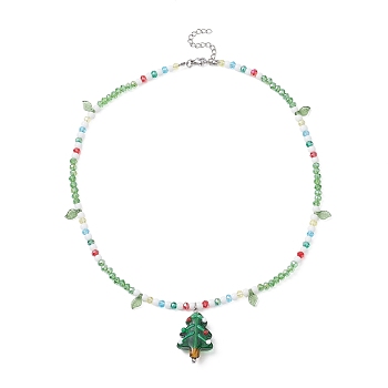 Acrylic Christmas Tree Pendant Necklace, Lampwork & Glass Beaded Chains Necklace, Green, 17.32 inch(44cm)