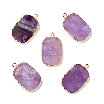 Natural Amethyst Pendants, with Golden Brass Findings, Rectangle, 27~28x17x3~3.5mm, Hole: 2mm