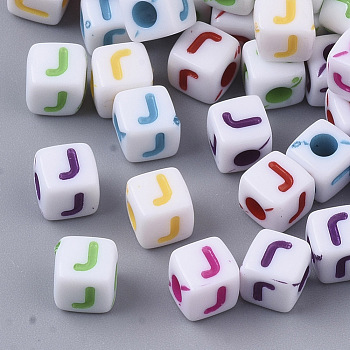 White Opaque Acrylic Beads, Horizontal Hole, Cube with Mixed Color Letter, Letter.J, 5x5x5mm, Hole: 2mm, about 5000pcs/500g