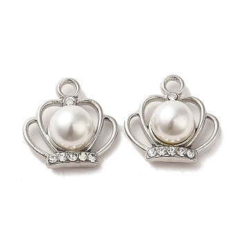 Alloy with Rhinestone Pendants, with ABS Imitation Pearl, Crown Charms, Platinum, 17x17x9mm, Hole: 2.2mm