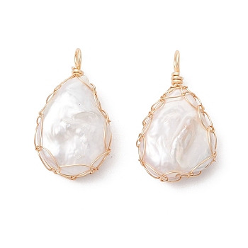 Natural Baroque Pearl Keshi Pearl Copper Wire Wrapped Pendants, Teardrop Charms, White, Golden, 27~28x15~16x7mm, Hole: 2.5~3mm