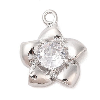 Brass Inlay Clear Glass Pendants, Flower, Real Platinum Plated, 17.6x14.9x4.3mm, Hole: 1.5mm