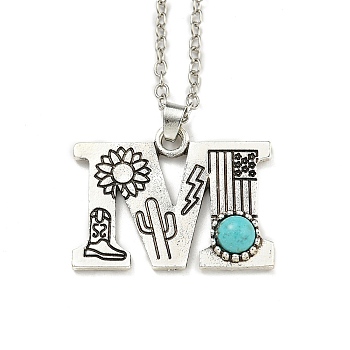 Letter A~Z Antique Silver Plated Alloy with Synthetic Turquoise Pendant Necklaces, with Iron Cable Chains, Letter M, 18.70 inch(475mm), Letter M: 24x31mm