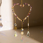 Heart Natural Fluorite Chips Hanging Ornaments, Glass Leaf Hanging Suncatcher for Home Garden Ornaments, 437mm(HJEW-G024-01G)