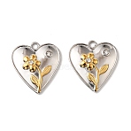 304 Stainless Steel Rhinestone Pendants, Golden & Stainless Steel Color, Heart with Flower, 20x19x3mm, Hole: 2mm(STAS-Z145-03GP-03)