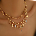 Alloy Crystal Rhinestone and Enamel Cross Heart Multi-Charm Double Layer Necklaces for Women, White, Golden, 14.57 inch(37cm)(WGEBEB6-01)