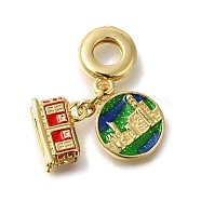 Brass Red & Green Enamel European Dangle Charms, Glitter Train & Flat Round Large Hole Pendants, Real 16K Gold Plated, 27mm, Hole: 5mm(KK-R002-21G)