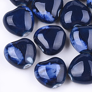Handmade Porcelain Beads, Fancy Antique Glazed Porcelain, Heart, Dark Blue, 14~15x16x9~10mm, Hole: 2mm(PORC-S498-15A-12)