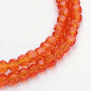 Transparent Glass Bead Strands, Faceted(32 Facets) Round, Orange Red, 4~5mm, Hole: 0.5mm, about 93~98pcs/Strand, 14.17~14.57 inch(36~37cm)(GLAA-R166-4mm-01B)