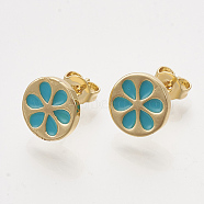 Brass Stud Earrings, with Enamel and Ear Nuts, Flat Round with Flower, Golden, Dark Turquoise, 9.5mm, Pin: 0.7mm(EJEW-S201-174C)