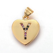 Brass Micro Pave Cubic Zirconia Pendants, Heart with Letter, Colorful, Letter.Y, 17x15x1.5mm, Hole: 3.5x4.5mm(X-ZIRC-F093-57G-Y)