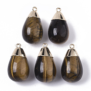 Top Golden Plated Natural Tiger Eye Pendants, with Iron Loop, Teardrop, 28~29.5x16mm, Hole: 1.6mm(G-T131-02A)