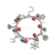 Christmas Gift Box & Tree & Snowflake & Reindeer Alloy Charm Bracelet with Glass Pearl, Christmas Bracelet with 304 Stainless Steel Curb Chain for Women, Antique Silver, 7-1/4 inch(18.5cm)(BJEW-TA00097)