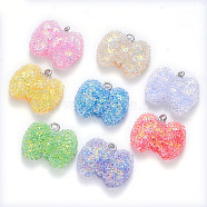 Epoxy Resin Pendants, with Sequins/Paillette and Platinum Plated Iron Loop, Bowknot, Mixed Color, 17.5~18x20.5x7.5mm, Hole: 2mm(RESI-T044-07)