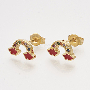 Brass Cubic Zirconia Stud Earrings, with Enamel and Ear Nuts, Rainbow, Golden, Red, 6x11mm, Pin: 0.7mm(EJEW-S201-169B)