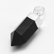 Dyed Natural Black Agate Pointed Pendants, Brass Findings, Long-Lasting Plated, Bullet, Silver, 19~20x6.5~7mm, Hole: 3.5x6mm(G-G720-10-P07)