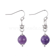 Natural Amethyst Dangle Earrings, with 304 Stainless Steel Flower Bead Caps and 316 Surgical Stainless Steel Earring Hooks, 39mm, Pin: 0.6mm(EJEW-JE03934-03)