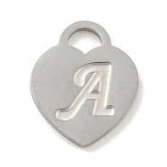 304 Stainless Steel Pendants, Laser Cut, Heart with Letter Charm, Stainless Steel Color, Letter A, 15x12x1mm, Hole: 3x3.5mm(FIND-M017-01P-A)