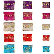 Embroidery Damask Cloth Pouches Set, with Snap Button and Zipper, Small Gift Bags for Jewelry, Mixed Color, 6.45~10.2x8~12.5cm, 15pcs/set(ABAG-NB0001-14)