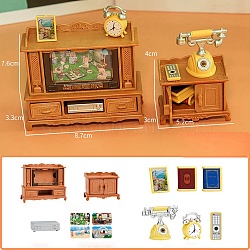Cute Dollhouse Living Room Sofa TV Sets, Home Play Food Model Decoration Girl Children Toy for Gift, Mixed Color, 87x33x76mm(PW-WG55999-01)