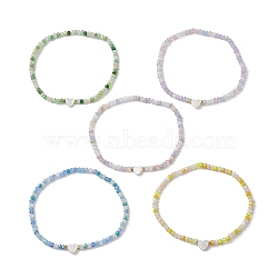 5Pcs 5 Styles Facete Rondelle Glass Beaded Stretch Bracelets, Heart Shell Stackable Bracelets for Women, Mixed Color, Inner Diameter: 2-1/4 inch(5.6cm), 1pc/style(BJEW-JB10332)