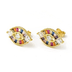 Colorful Cubic Zirconia Horse Eye Stud Earrings, Brass Jewelry for Women, Cadmium Free & Nickel Free & Lead Free, Real 18K Gold Plated, 10.5x17.5mm, Pin: 0.8mm(EJEW-H092-06G)