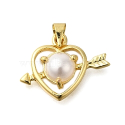 Heart with Arrow Rack Plating Brass Pendants, with ABS Imitation Pearl, Lead Free & Cadmium Free, Real 18K Gold Plated, 16.5x21x6mm, Hole: 4.5x4mm(KK-M079-23G)