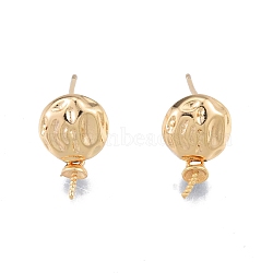 Brass Stud Earring Findings, for Half Drilled Beads, Flat Round, Real 18K Gold Plated, 14x8.8mm, Pin: 0.7mm(KK-G432-23G)