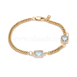 Rectangle with Glass Link Bracelets, with 304 Stainless Steel Curb Chains, Light Blue, 8-1/8 inch(20.5cm)(BJEW-JB06275-03)