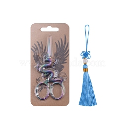 Rainbow Color Dragon-shaped Stainless Steel Scissors, Embroidery Scissors, Sewing Scissors, with Tassel Fittings Pendants, Deep Sky Blue, 115x53mm(PW-WG39642-02)