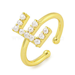 Rack Plating Brass Open Cuff Rings for Women, with ABS Imitation Pearl, Cadmium Free & Lead Free, Long-Lasting Plated, Letter, Letter E, Inner Diameter: 17mm, Letter E: 11.5x7.5mm(RJEW-F162-01G-E)