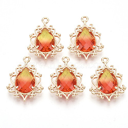 Brass Pendants, Two Tone, with Faceted Glass, Teardrop, Golden, Orange Red, 25.5x19x6mm, Hole: 1.6mm(GLAA-R212-03G)