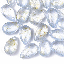 Transparent Spray Painted Glass Charms, with Glitter Powder, Frosted, Teardrop, Light Cyan, 14.5x8.5x5.5mm, Hole: 1mm(GLAA-T017-02-A02)