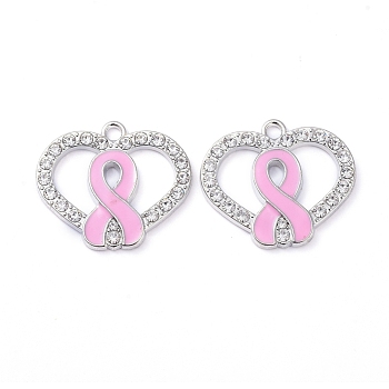 Enamel Alloy Pendants, with Crystal Rhinestone, Heart, with Ribbon, Pink, Platinum, 21.5x25x2mm, Hole: 2mm