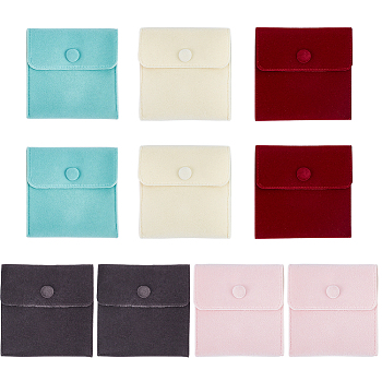 10Pcs 5 Colors Square Velvet Jewelry Bags, with Snap Fastener, Mixed Color, 10x10x1cm, 2pcs/color