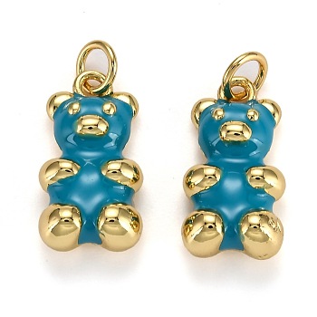 Real 18K Gold Plated Brass Pendants, with Enamel and Jump Rings, Long-Lasting Plated, Bear, Dodger Blue, 17.5x9x5mm, Jump Ring: 5x1mm, 3mm Inner Diameter