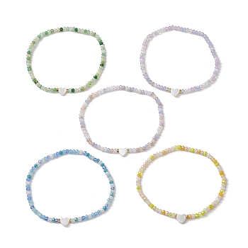 5Pcs 5 Styles Facete Rondelle Glass Beaded Stretch Bracelets, Heart Shell Stackable Bracelets for Women, Mixed Color, Inner Diameter: 2-1/4 inch(5.6cm), 1pc/style